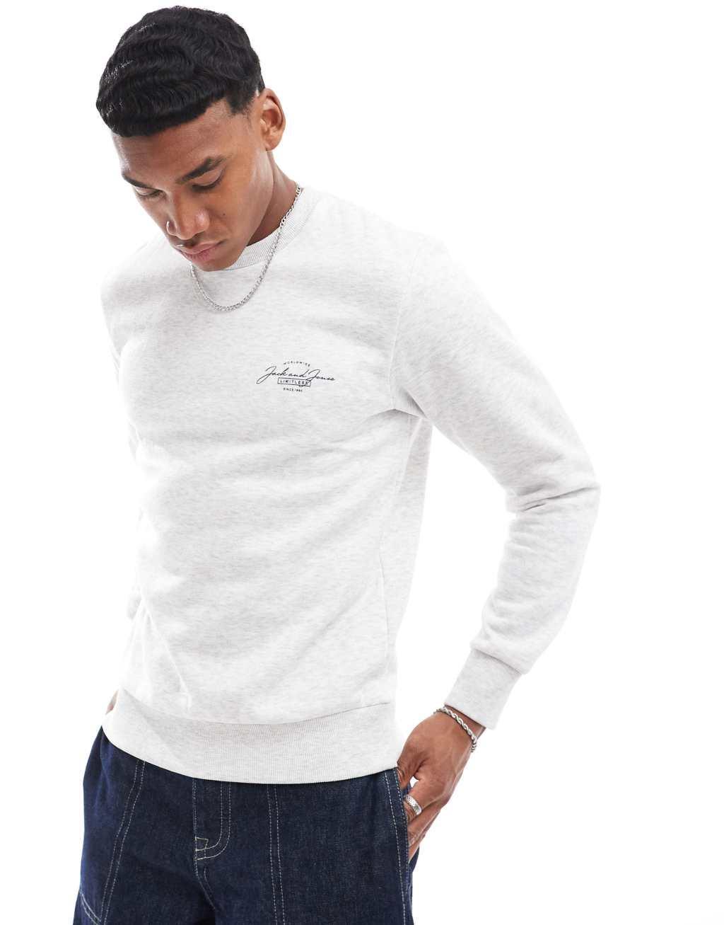 Jack & Jones script logo crew neck sweatshirt in white Product Image