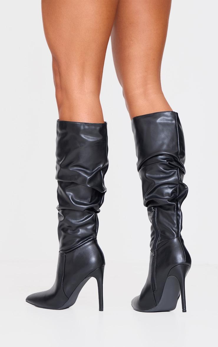 Black PU Point Toe Ruched High Stiletto Heeled Knee Boots Product Image