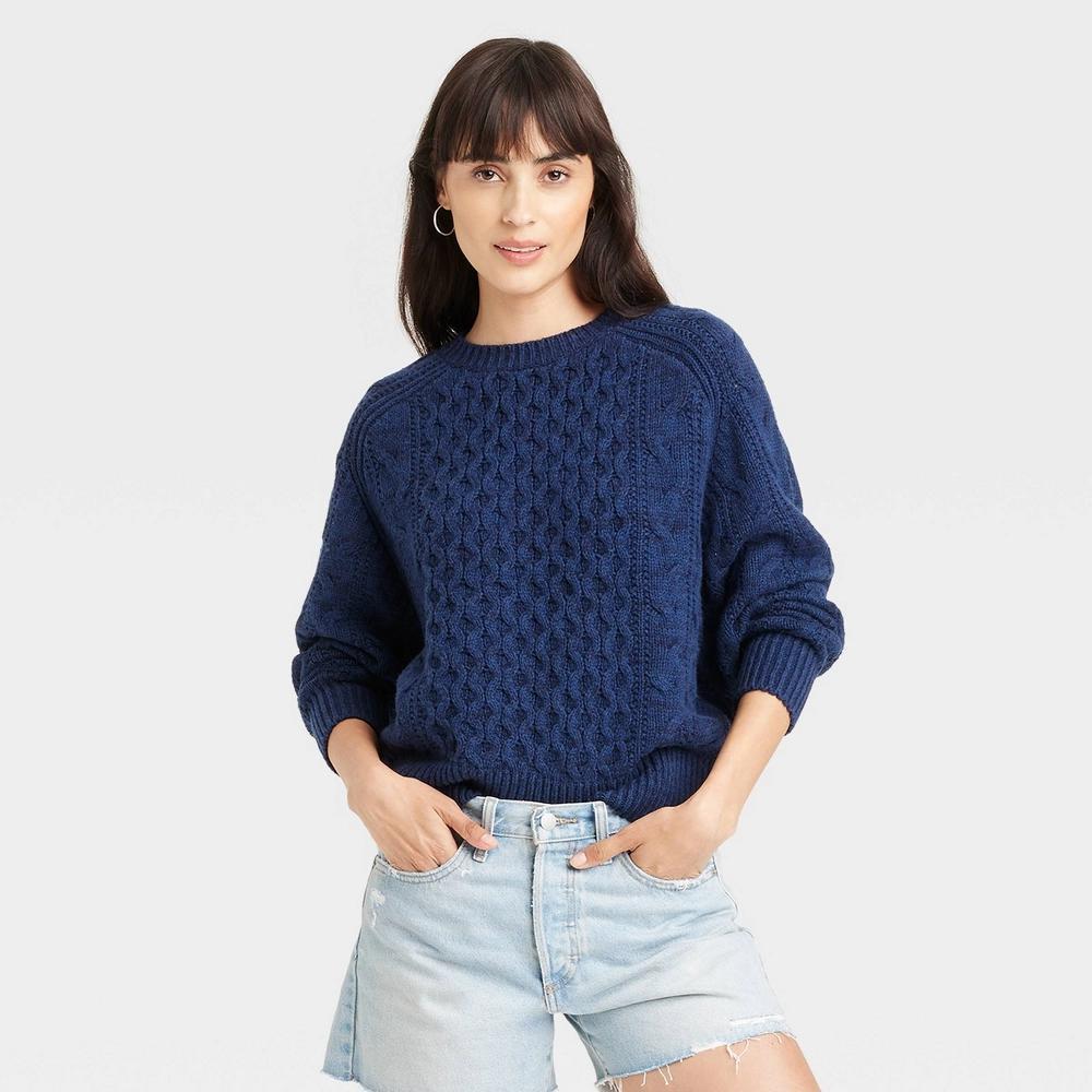 Women's Crewneck Cable Knit Pullover Sweater - Universal Thread™ Navy Blue XL Product Image