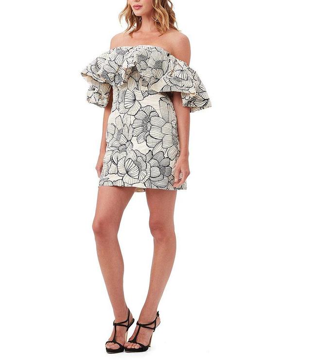 Trina Turk Nia Textured Woven Embossed Floral Print Off-The-Shoulder Short Puff Sleeve Sheath Dress Product Image