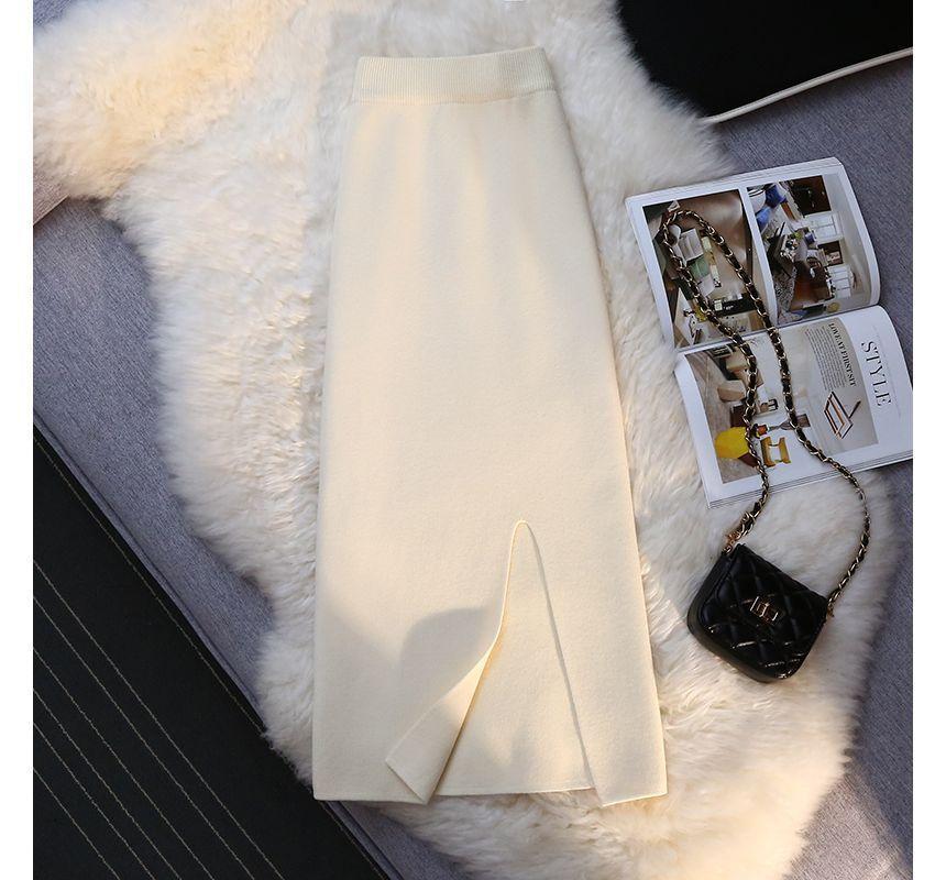 High Rise Slit Knit Midi Pencil Skirt Product Image