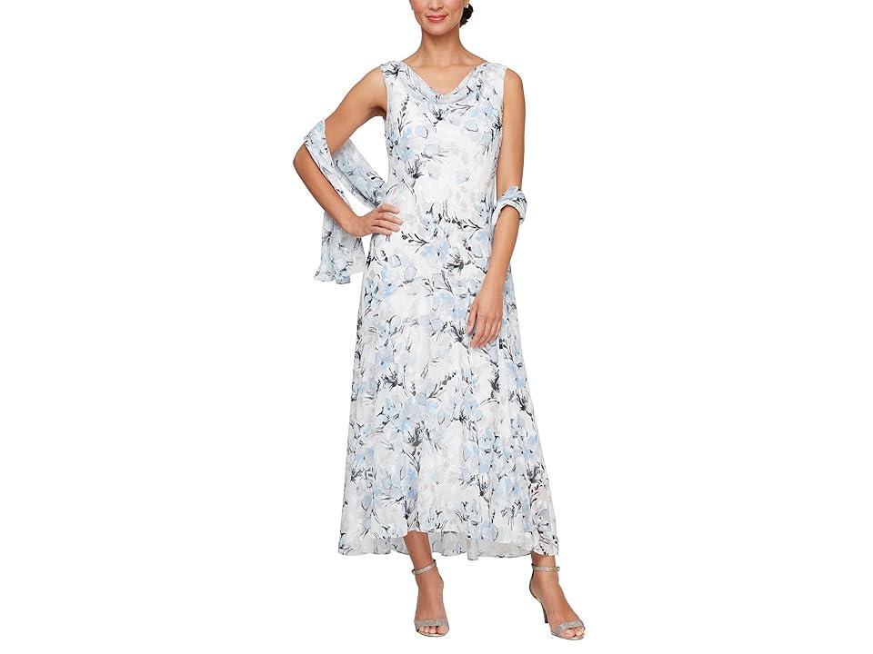 Alex Evenings Tea Length Chiffon Burnout Dress with Matching Shawl (Ivory Floral) Women's Dress Product Image