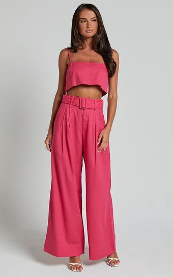 Thelma Two Piece Set - Linen Look Bandeau Crop Top and Belted Wide Leg Pants Set in Hot Pink Product Image