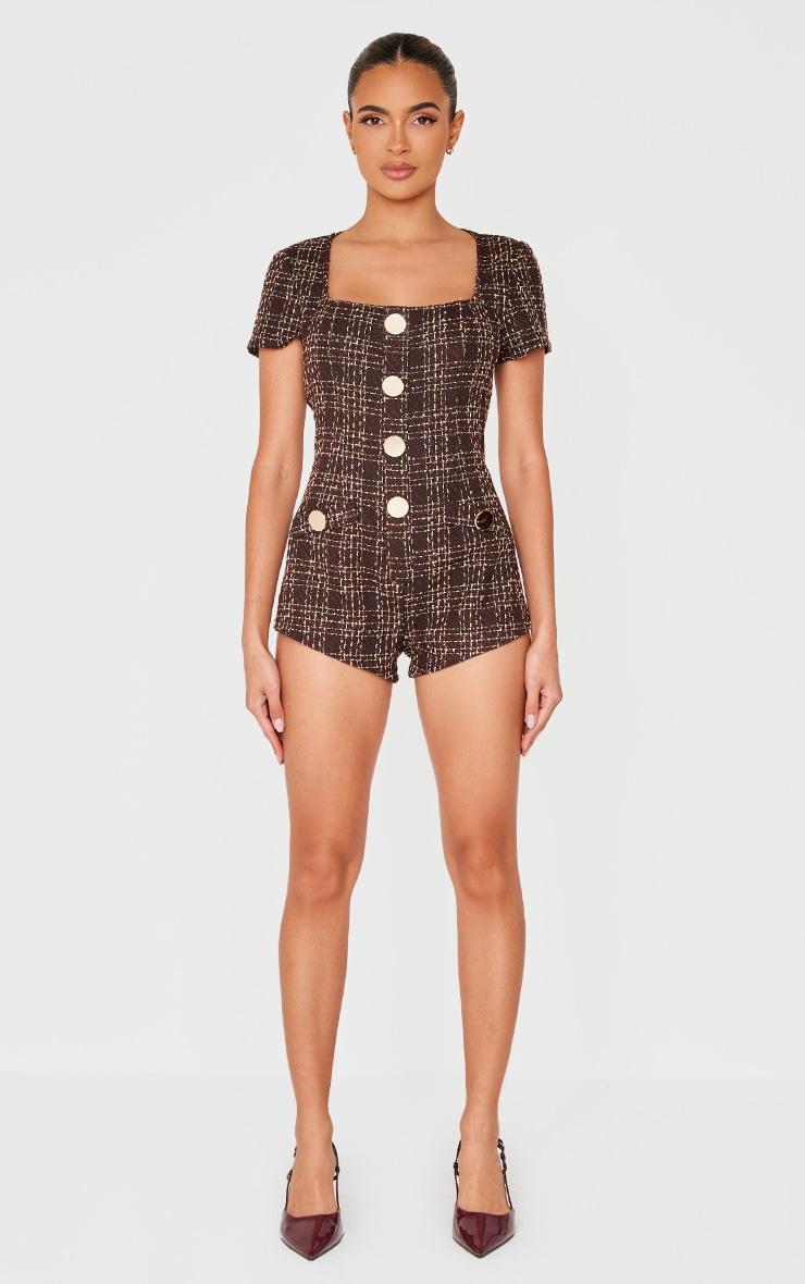 Brown Tweed Short Sleeve Button Detail Romper Product Image