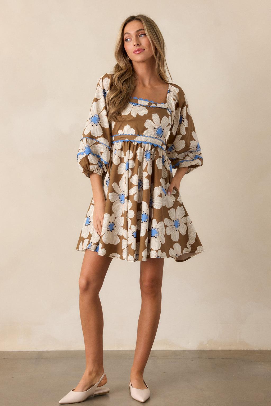 See The Spark 100% Cotton Camel Brown Floral Mini Dress Product Image