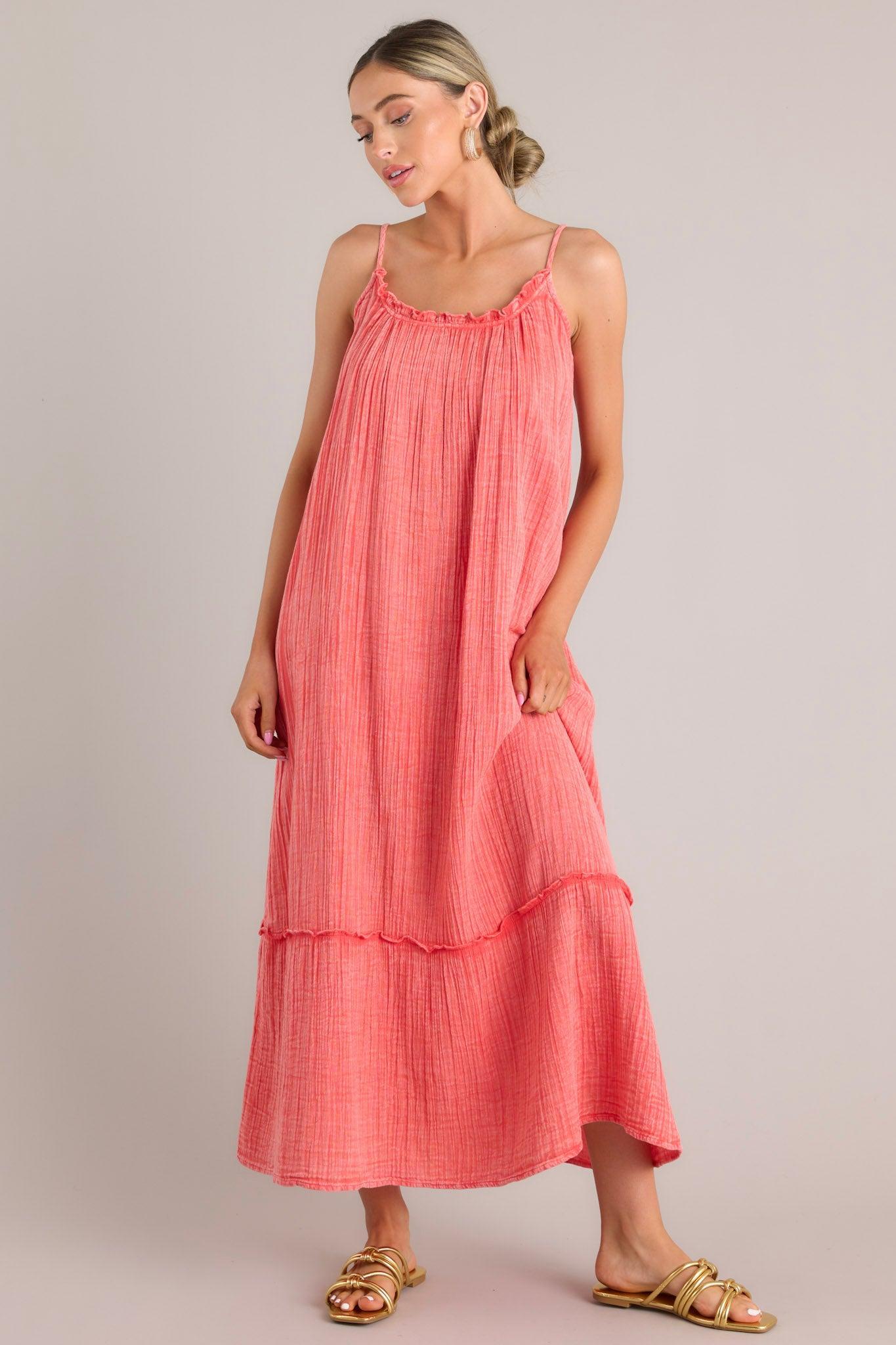 Strawberry Fields Coral Cotton Gauze Maxi Dress Product Image