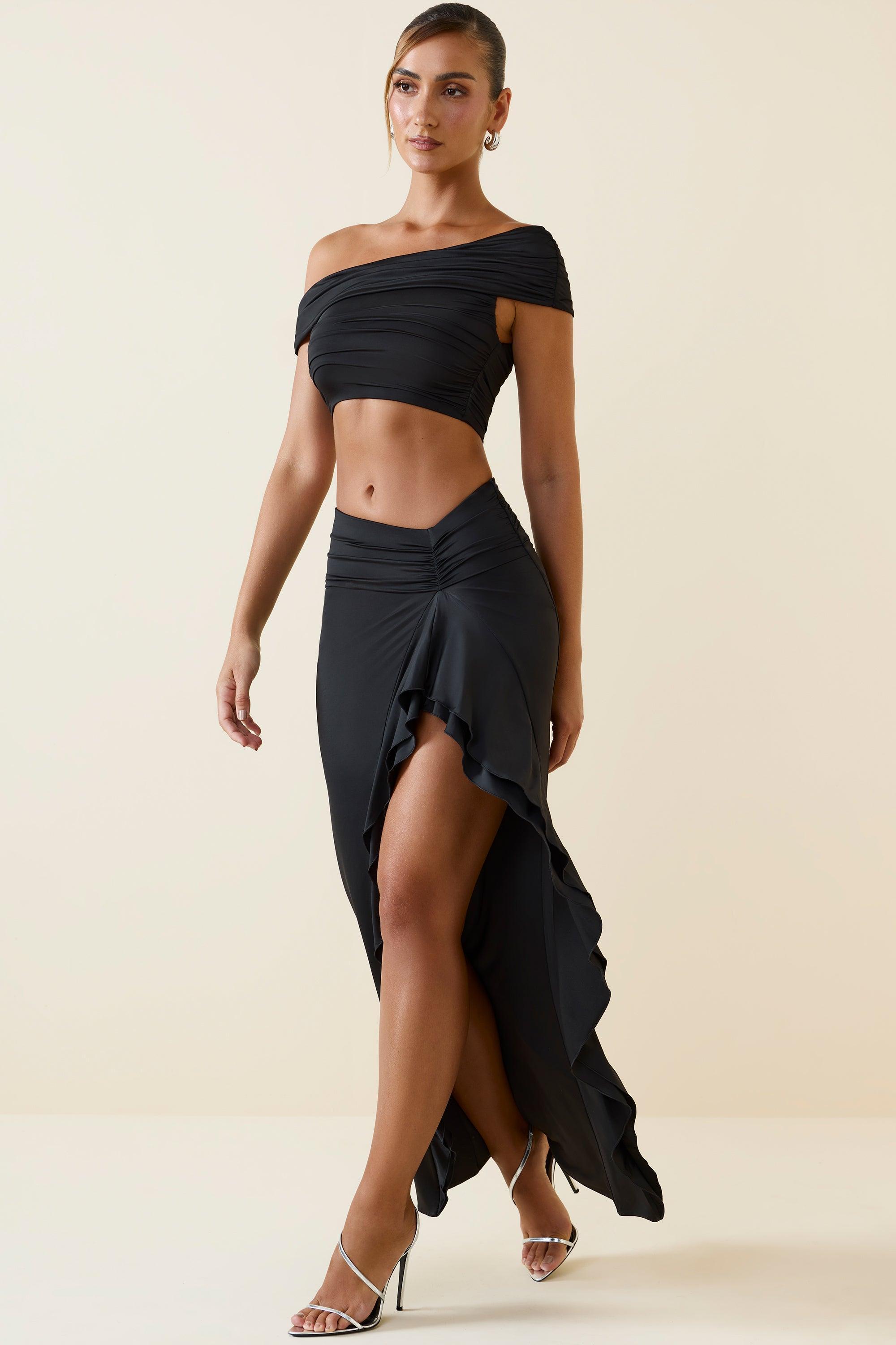 Asymmetric Ruffled Low-Rise Maxi Skirt in Black Product Image