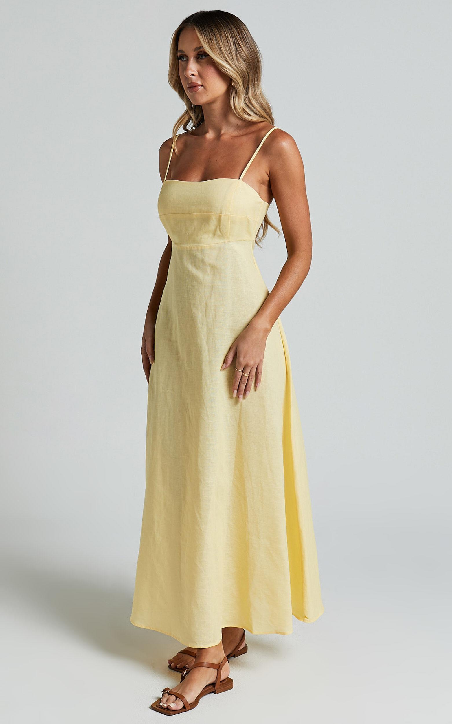 Brette Midi Dress - Linen Look Straight Neck Strappy Fit And Flare Dress in Lemon Product Image