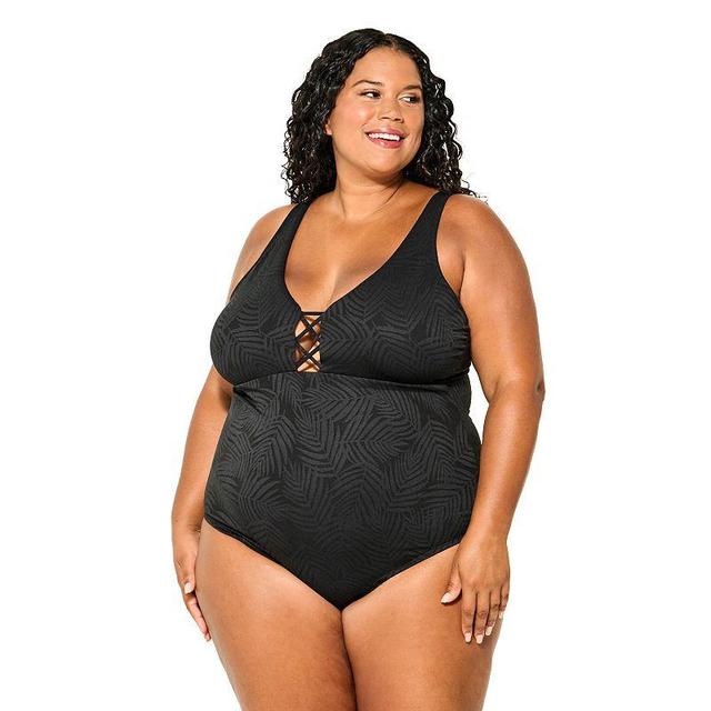 Plus Size Freshwater Deep Plunge Strappy One-Piece Swimsuit, Womens Product Image