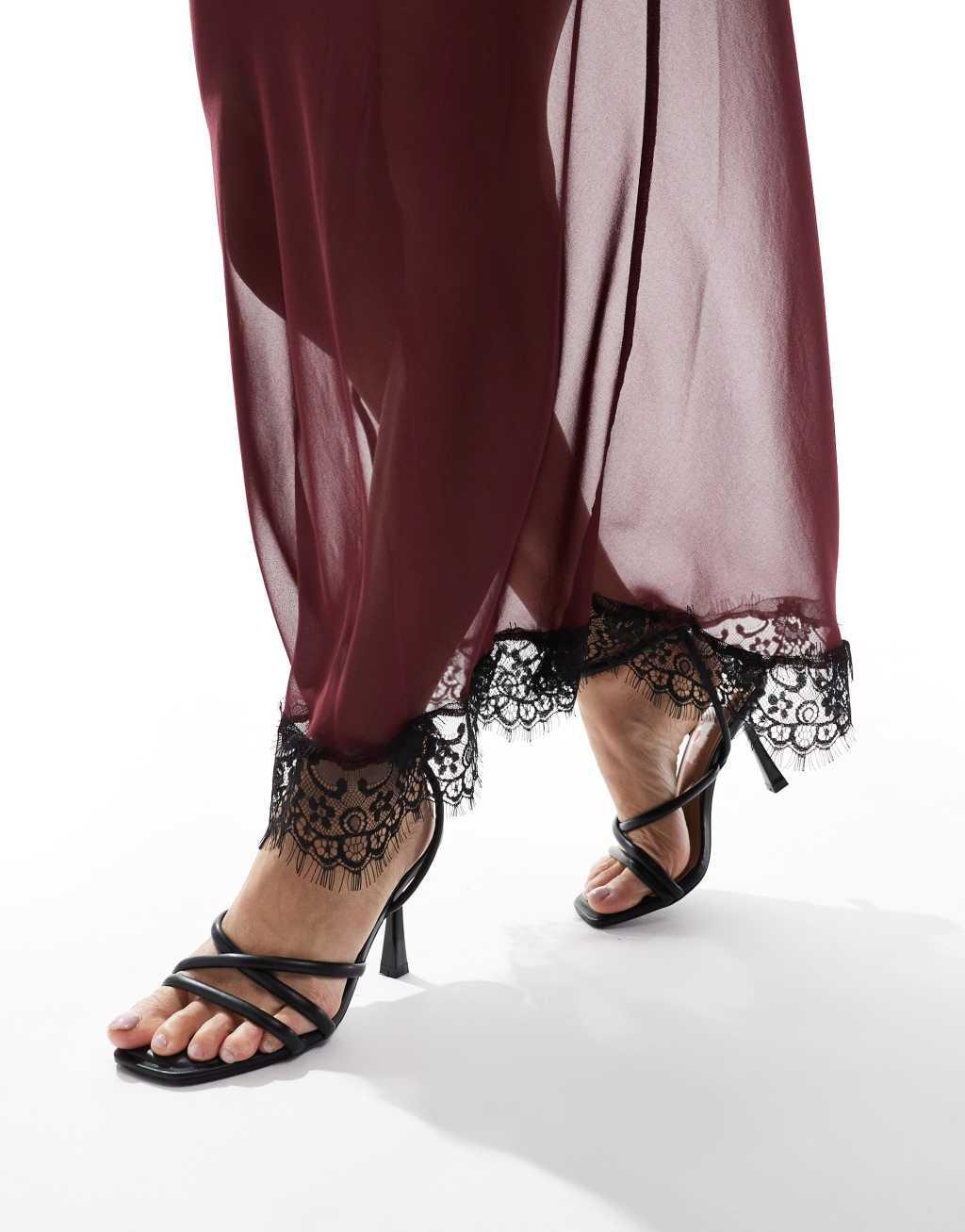 ASOS DESIGN sheer chiffon lace trim maxi skirt in burgundy Product Image