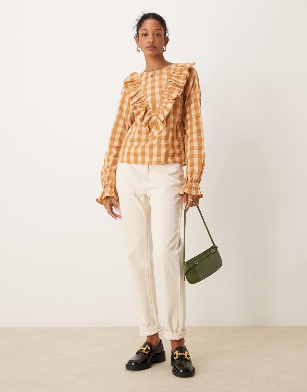 ASOS DESIGN long sleeve top with ruffle v detail in gingham Product Image