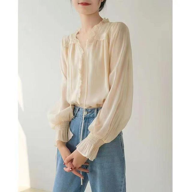 Long-Sleeve V-Neck Plain Frill Trim Blouse Product Image