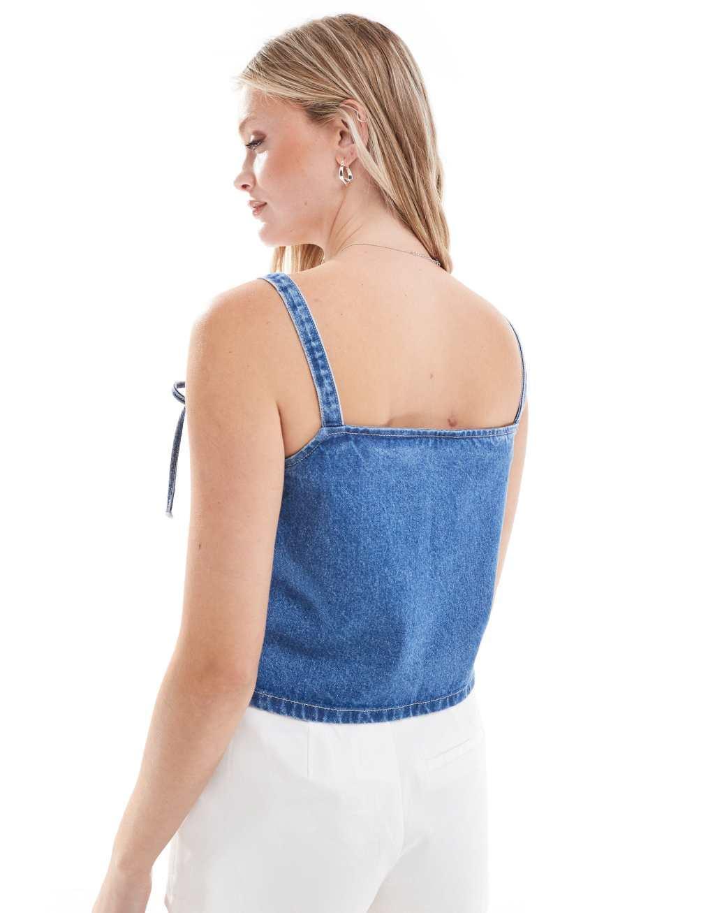 ASOS DESIGN denim bow strap cami top in mid blue Product Image