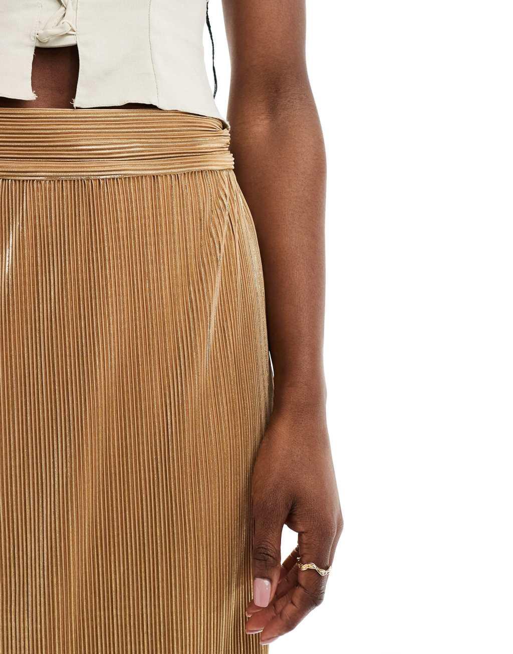 Never Fully Dressed Jaspre plisse midi skirt in gold Product Image