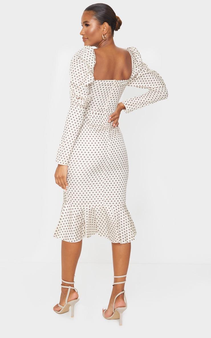 Nude Polka Dot Puff Sleeve Ruched Detail Frill Hem Midi Dress Product Image