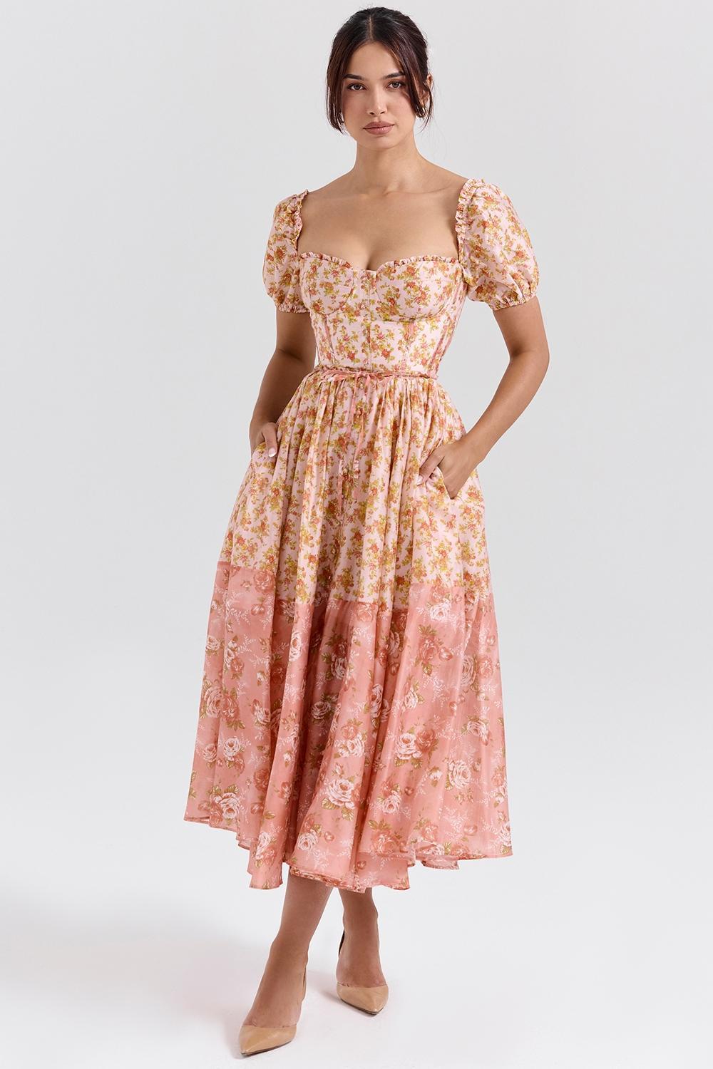 Penelope Peach Poppy Print Puff Sleeve Midi Sundress Product Image