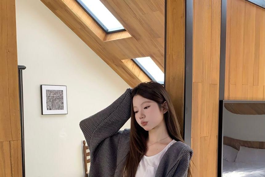 Plain Hooded Open Front Long Cardigan Product Image