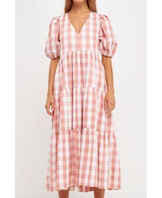 English Factory Womens Gingham Puff Sleeve Tiered Midi product image