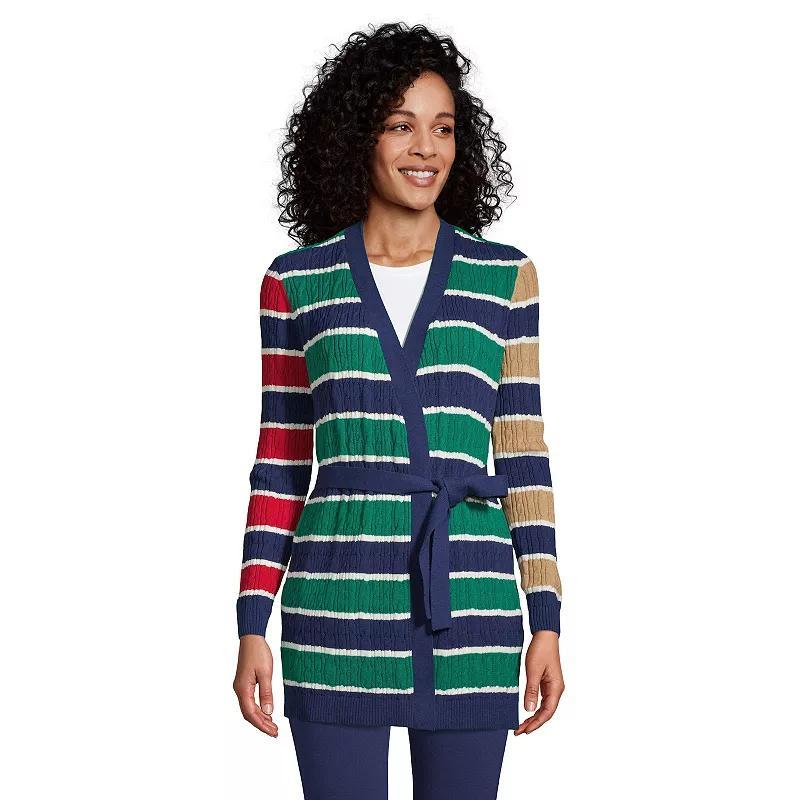 Womens Lands End Cable-Knit Tie Front Cardigan Sweater Blue Product Image