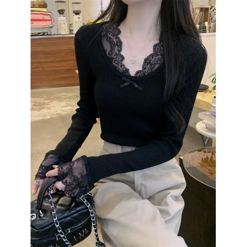 Long-Sleeve V-Neck Plain Lace Panel Bow Accent Slim Fit Knit Top Product Image