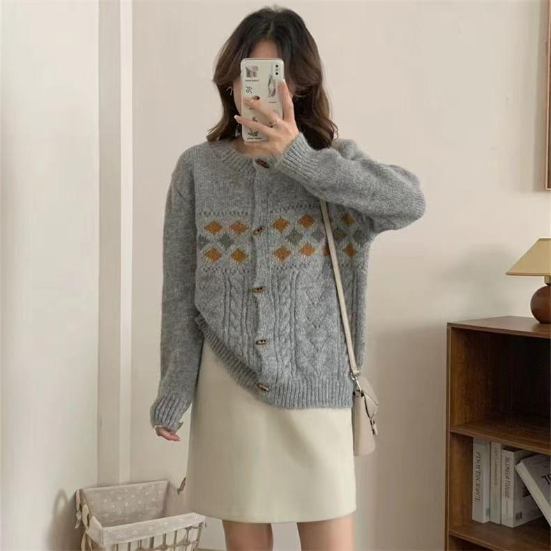 Crewneck Jacquard Button-Up Cardigan Product Image