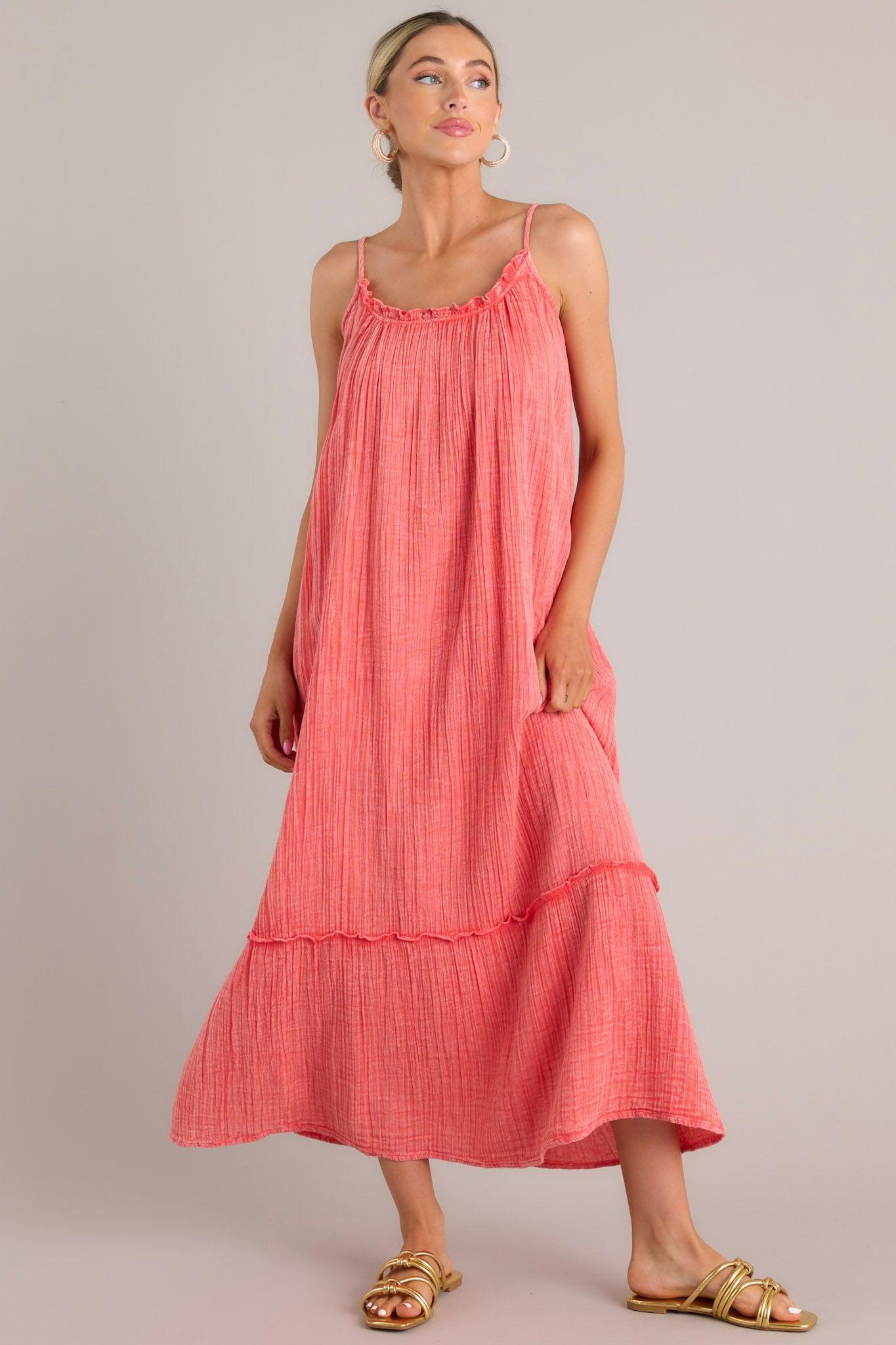 Strawberry Fields Coral Cotton Gauze Maxi Dress Product Image