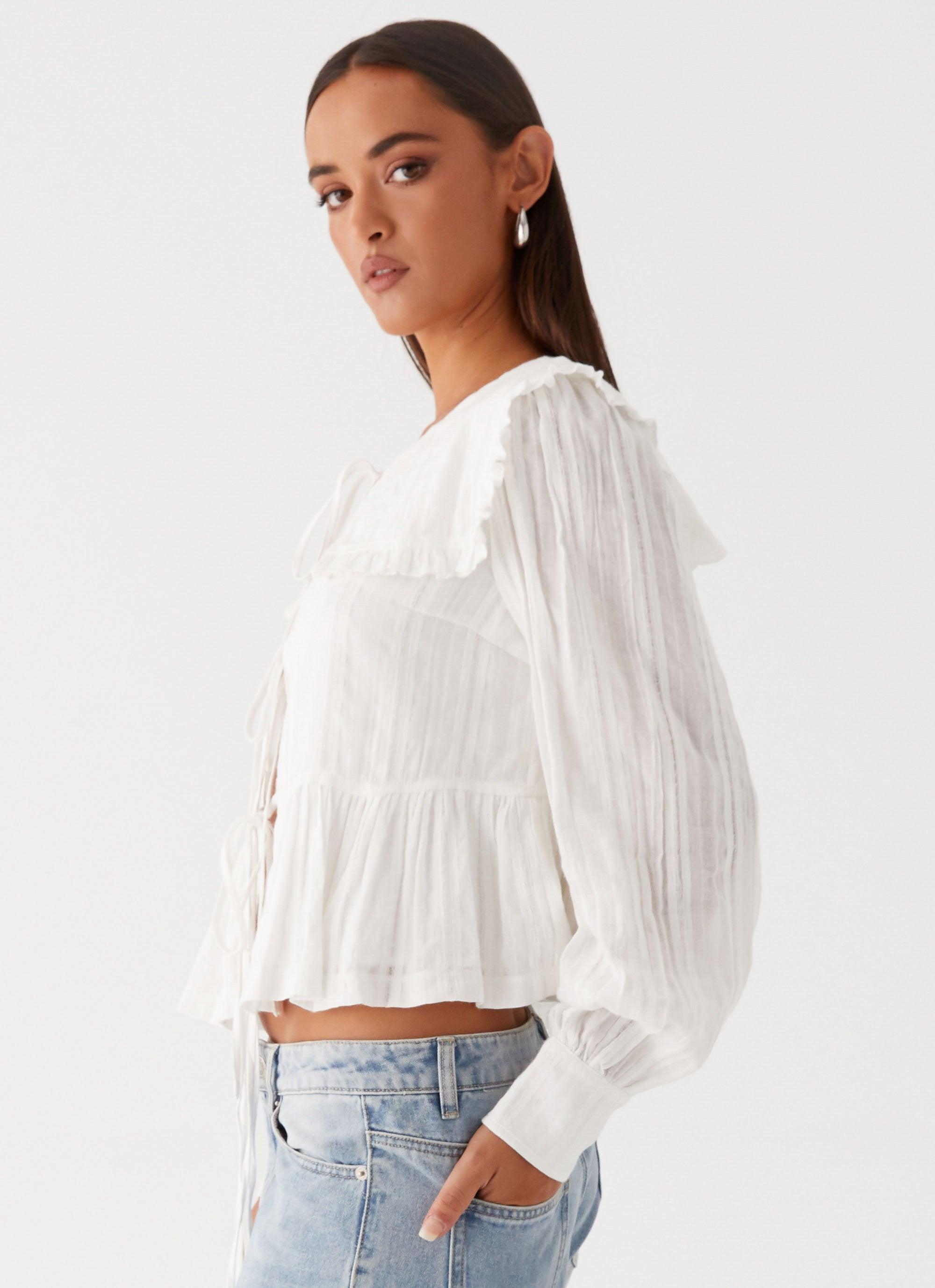 Emerson Tie Front Long Sleeve Top - White Product Image