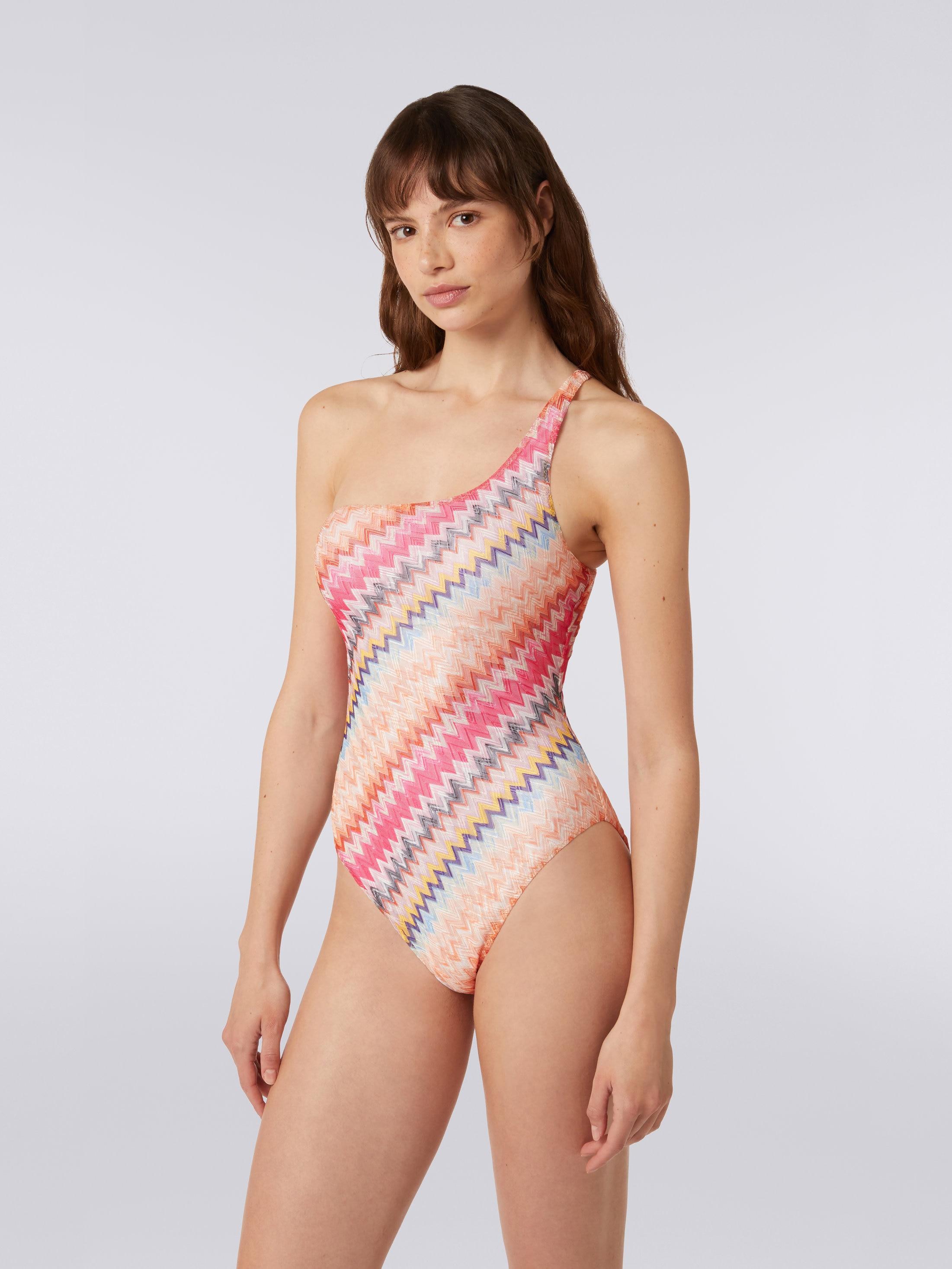 One-shoulder one-piece swimming costume in chevron viscose Product Image