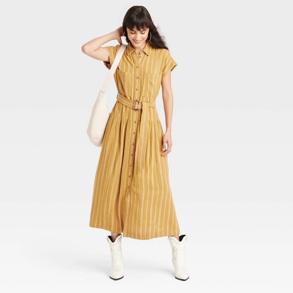 Women's Short Sleeve Belted Midi Shirtdress - Universal Thread™ Yellow Striped L Product Image