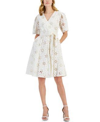 Tahari Women's Floral Embroidered Eyelet Tie Waist Dress, 10 Product Image