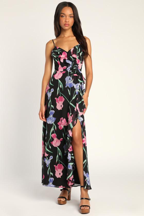 Elegant Bliss Black Floral Print Ruffled Sleeveless Maxi Dress Product Image