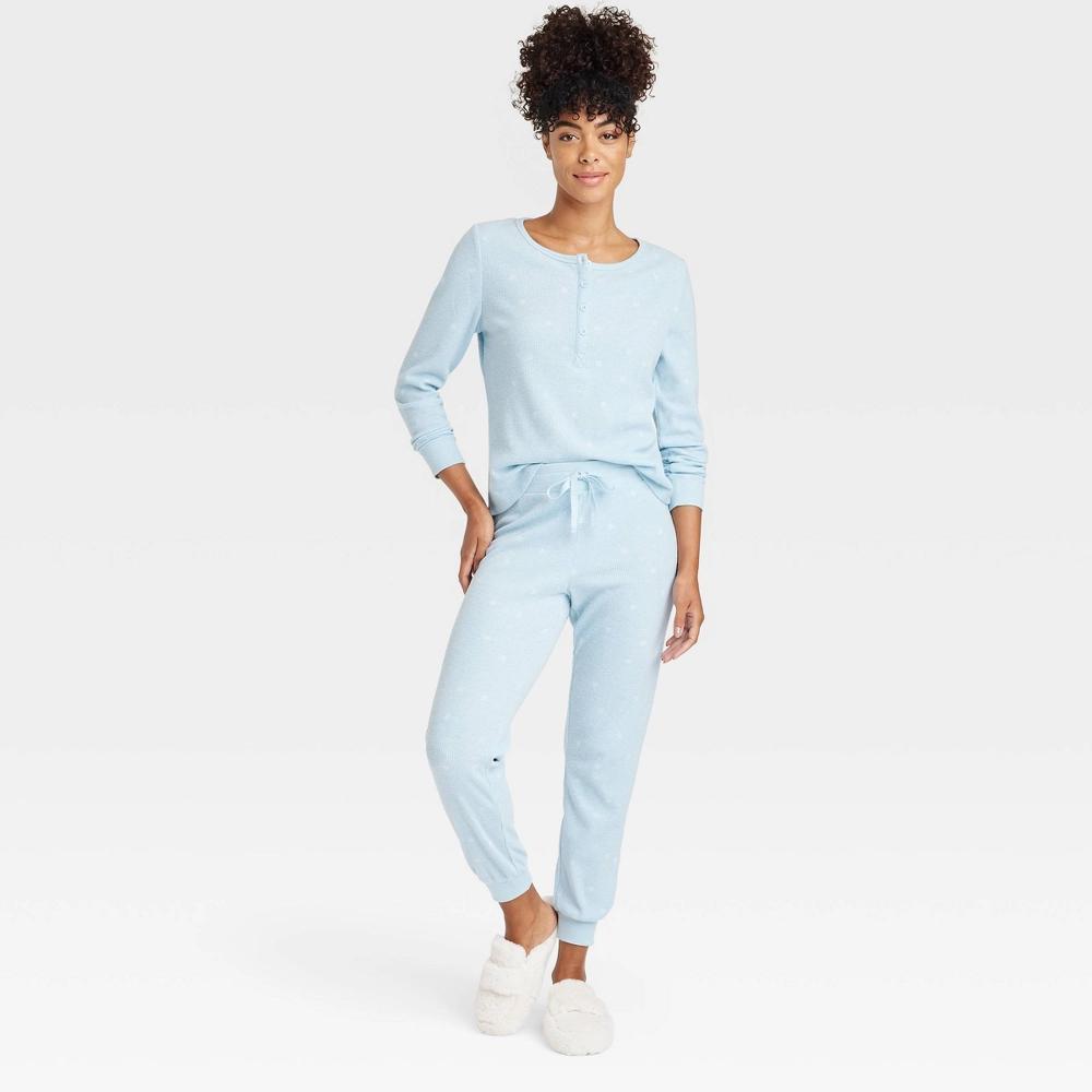 Women's Thermal Long Sleeve Henley Top and Jogger Pants Pajama Set - Auden™ Blue/Snowflakes XXL Product Image