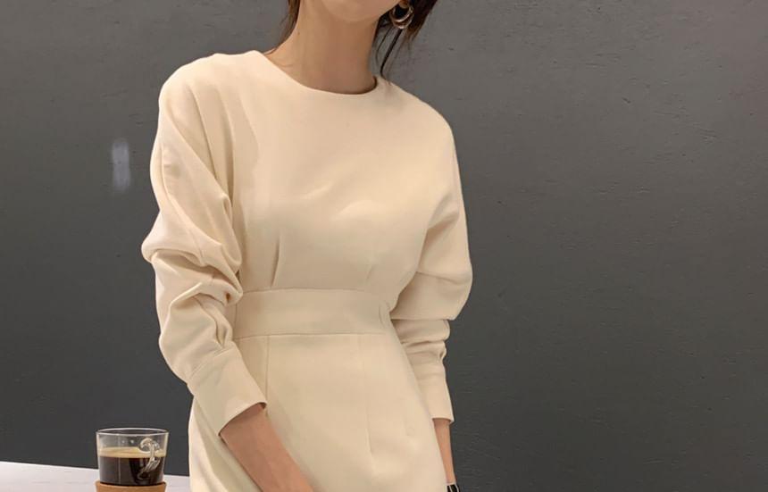 Long-Sleeve Round Neck Plain Slit Midi Sheath Dress Product Image