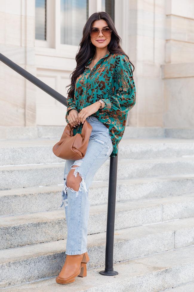 Just A Crush Teal And Brown Velvet Floral Print Button Front Blouse Product Image