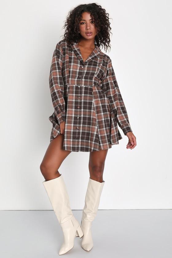 Autumnal Attitude Brown Plaid Skater Mini Dress With Pockets Product Image