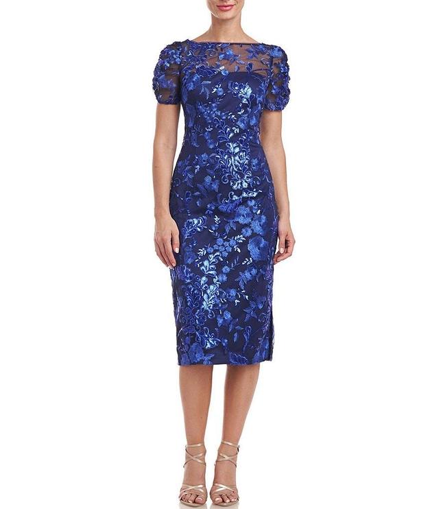 JS Collections Floral Sequin Embroidered Illusion Boat Neck Short Sleeve Midi Dress Product Image