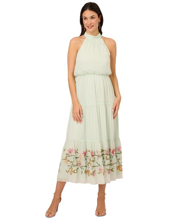 Adrianna Papell Womens Embroidered Chiffon Halter Midi Dress Product Image