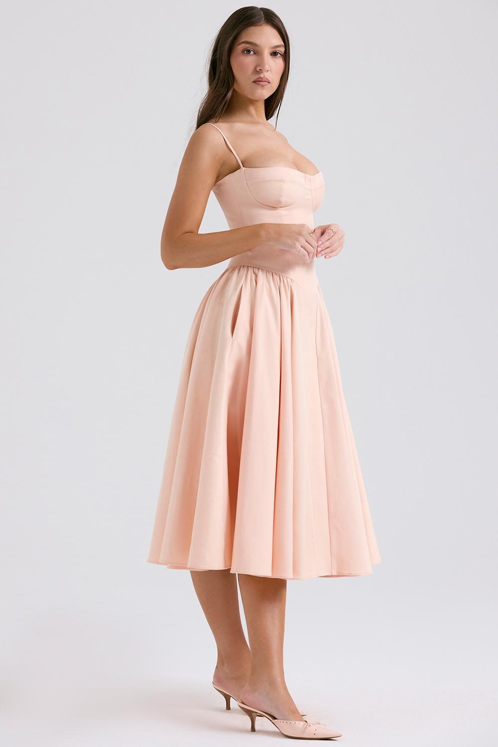 Samaria Peach Parfait Twill Corset Midi Dress Product Image