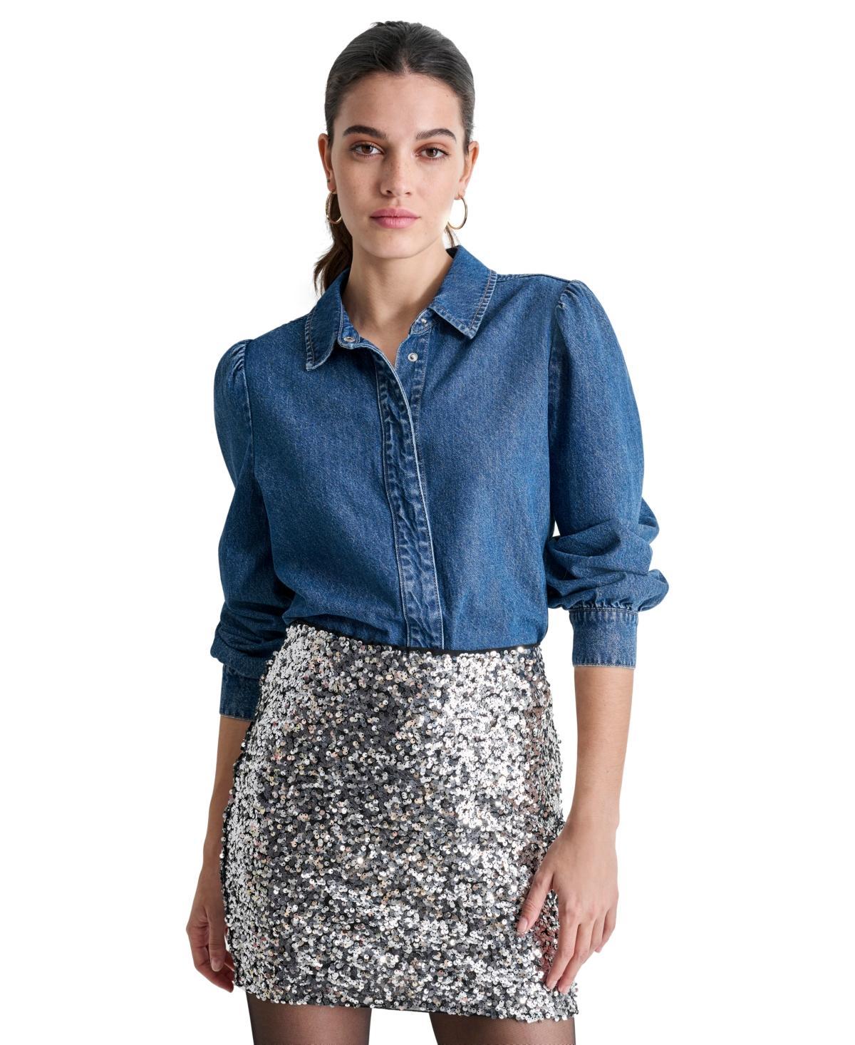 Dkny Jeans Womens Cotton Puffed-Shoulder Denim Shirt Product Image