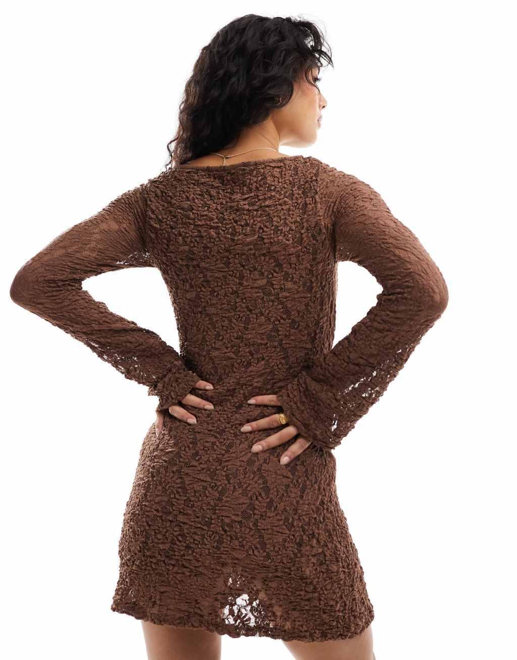 ASOS DESIGN slash neck lace mini dress in brown Product Image