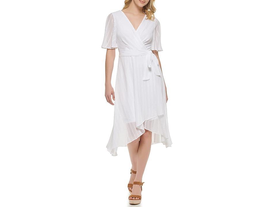 Tommy Hilfiger Short Sleeve Striped Surplice Gauze Midi (Bright White) Women's Dress Product Image