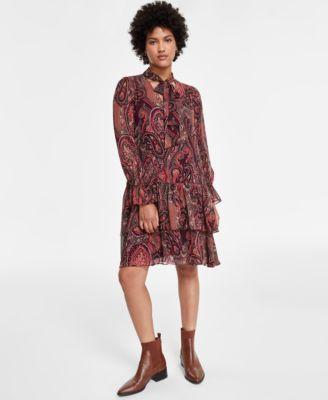 Tommy Hilfiger Womens Paisley Tie-Neck Tiered Dress - Aub Product Image