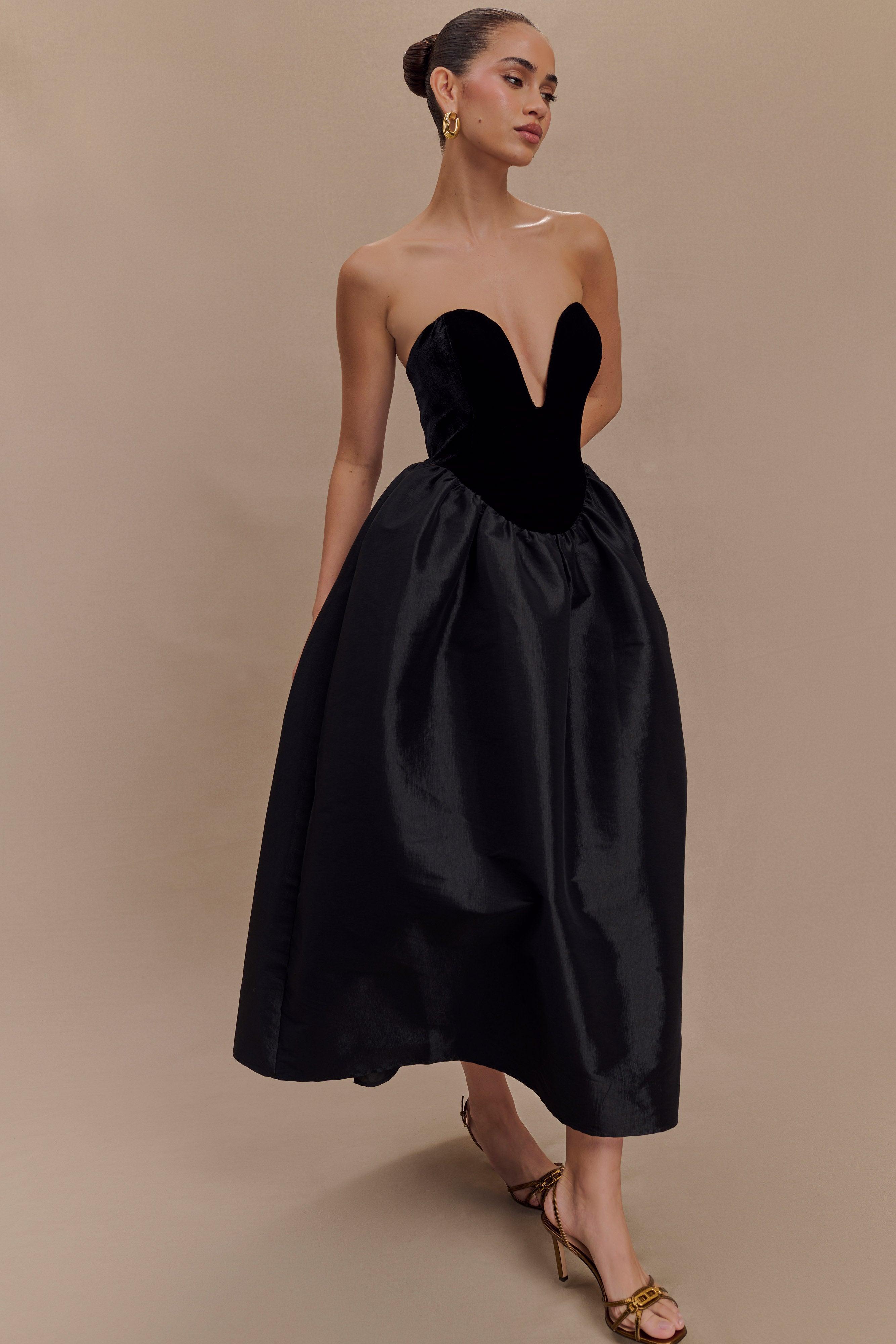 Flora Strapless Velvet Midi Dress - Black Product Image