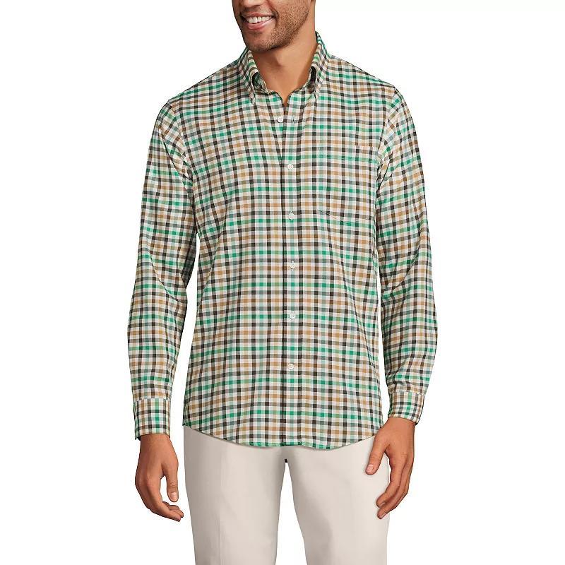 Mens Lands End Traditional-Fit No-Iron Twill Button-Down Shirt Light Brown Check Product Image