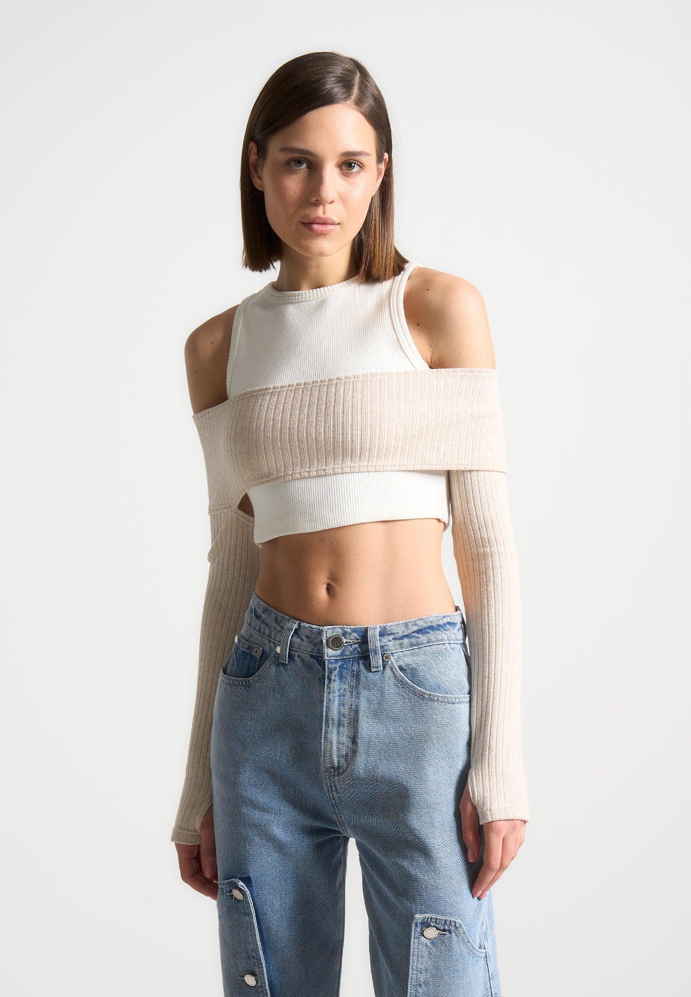 Crop Top with Knitted Overlay - White/Beige Female Product Image