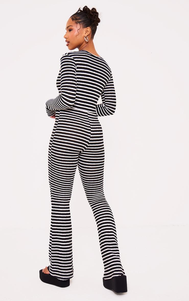 Monochrome Textured Stripe Plunge Wide Leg Jumpsuit Product Image