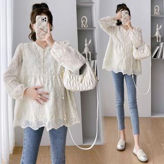 Maternity Long-Sleeve Lace Flowy Blouse Product Image