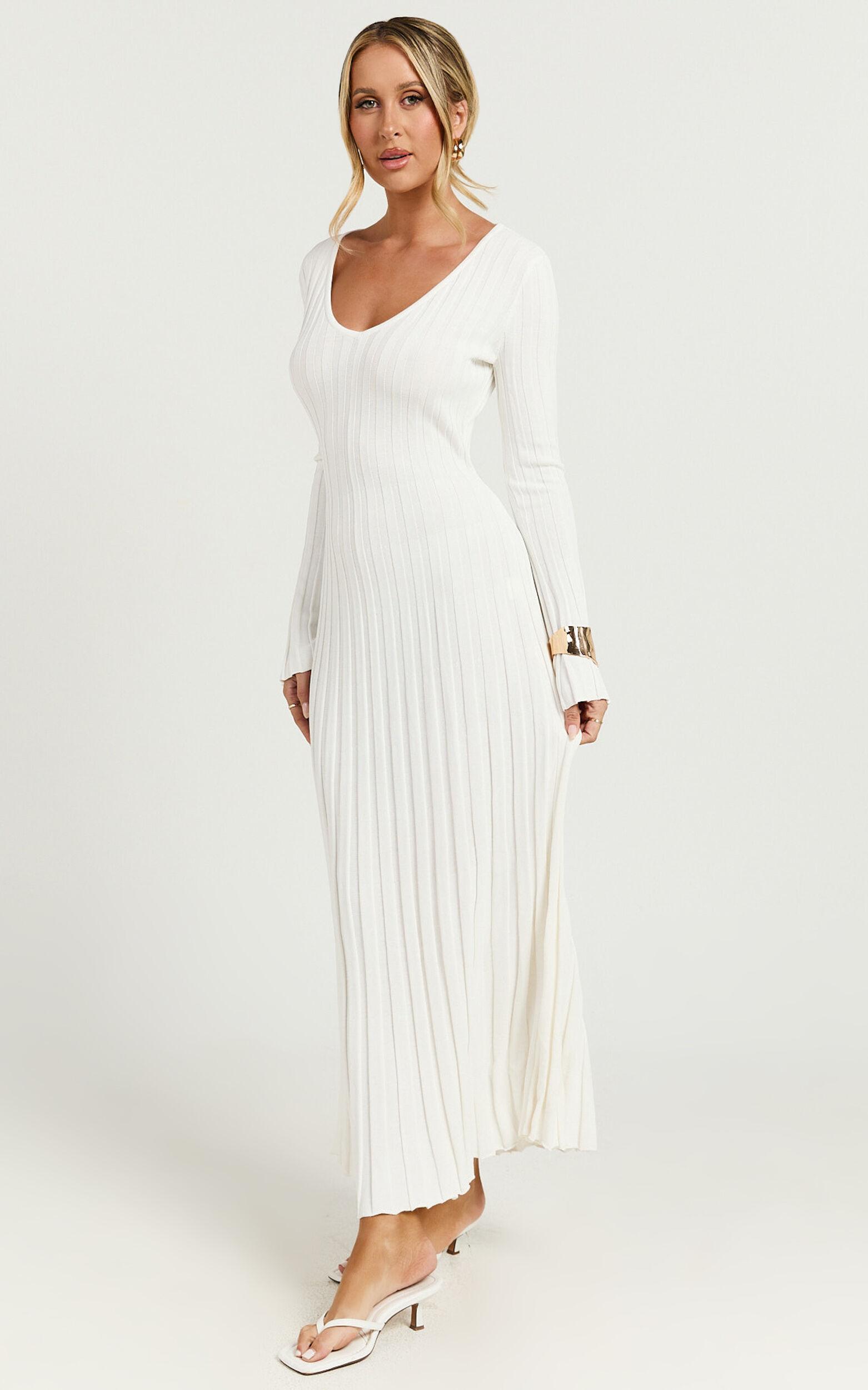 Astra Midi Dress - V Neck Long Sleeve Knit Dress in White Product Image