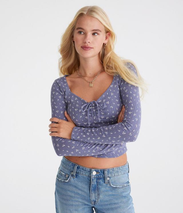 Long Sleeve Floral Cinch-Front V-Neck Crop Top Product Image