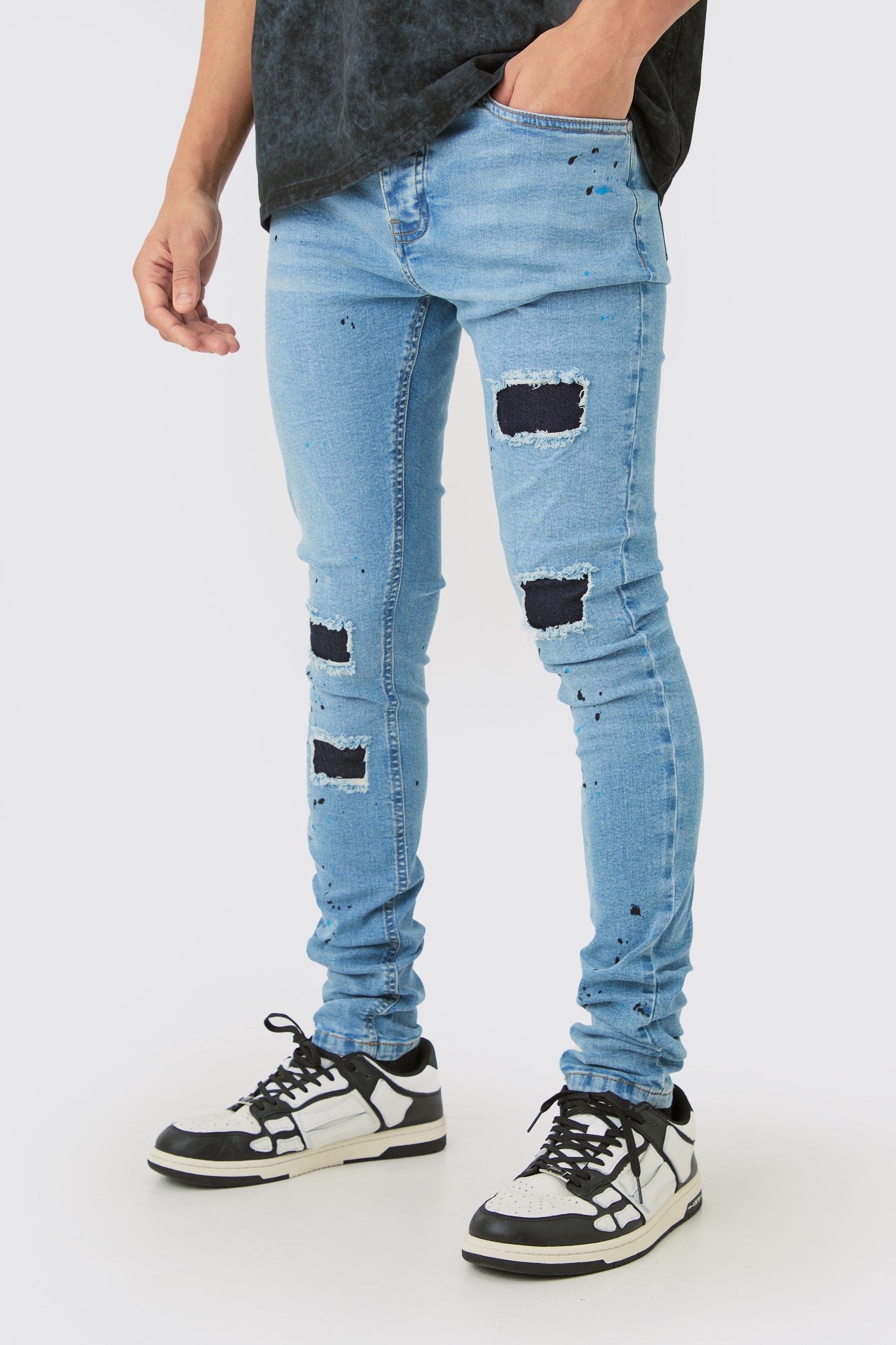 Mens Super Skinny Stretched Stacked Rip & Repair Jean In Light Blue, Blue Product Image